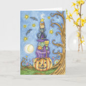 Halloween kaart met totem heks, kat en uil sitti (Gele Bloem)