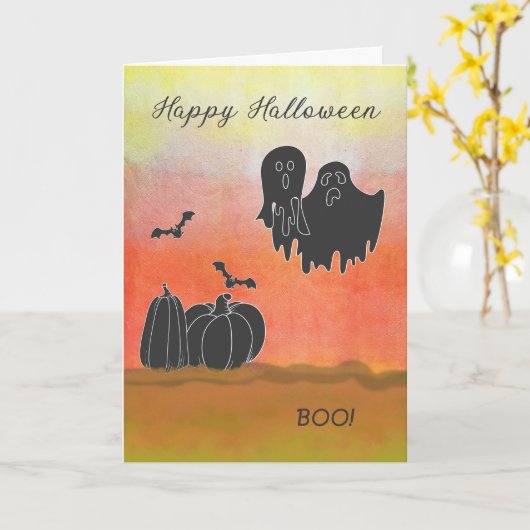 Halloween Kaart met zwarte spoken en pompoenen (Gele Bloem)