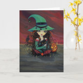 Halloween Kaart Schattigee heks en zwarte kat (Gele Bloem)