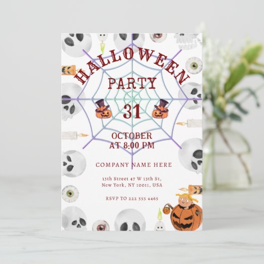 Halloween Kantoor Mixer Uitnodiging met Spider Web (Staand voorkant)