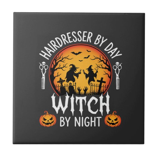 Halloween Kapper overdag Heks 's nachts Tegeltje (Voorkant)
