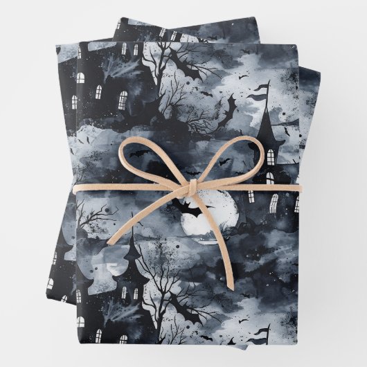 Halloween kasteel met maan en vleermuizen gotisch inpakpapier vel (In situ)