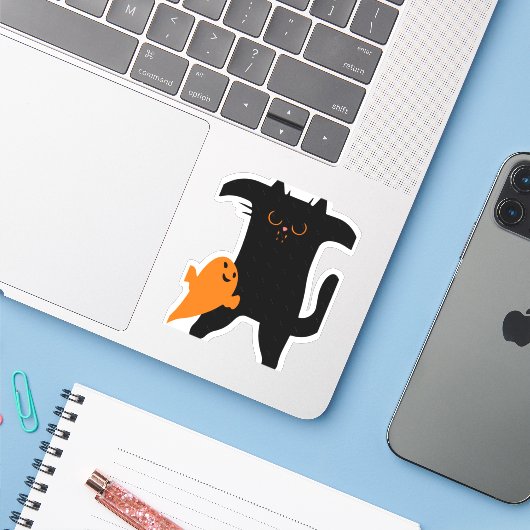Halloween kat bang sticker (Laptop met iPhone)