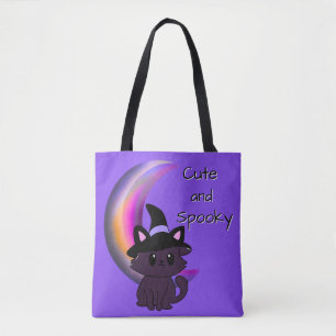 Halloween Kat & Crescent Moon Schattige Custom Tote Bag