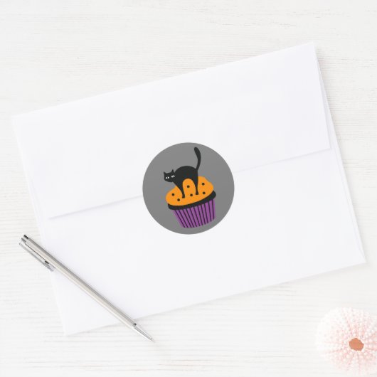 Halloween kat cupcake ronde sticker (Envelop)