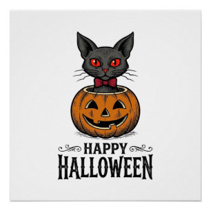 Halloween Kat Cute Pompoen Vintage Griezelen_1 Perfect Poster