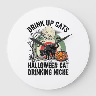 Halloween Kat Drinkende Vintage Maan Feest Shirt_1 Grote Klok