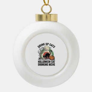 Halloween Kat Drinkende Vintage Maan Feest Shirt_1 Keramische Bal Ornament