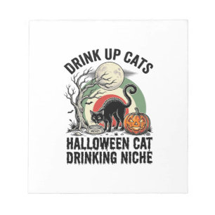 Halloween Kat Drinkende Vintage Maan Feest Shirt_1 Notitieblok