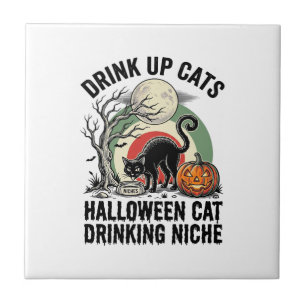Halloween Kat Drinkende Vintage Maan Feest Shirt_1 Tegeltje