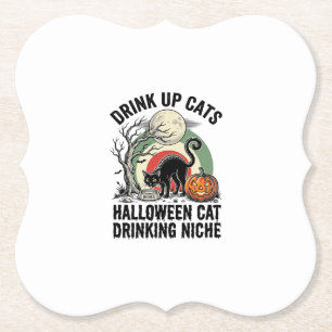 Halloween Kat Drinkende Vintage Maan Feest T-shirt Kartonnen Onderzetters