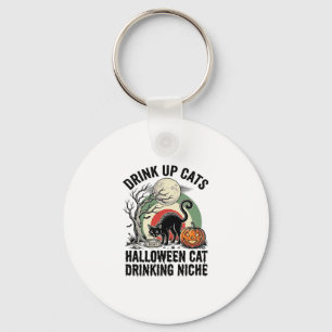 Halloween Kat Drinkende Vintage Maan Feest T-shirt Sleutelhanger