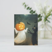 Halloween kat en geest briefkaart (Staand voorkant)