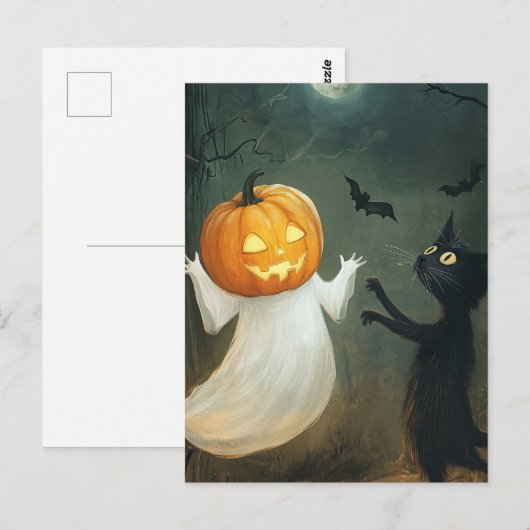 Halloween kat en geest briefkaart (Voorkant / Achterkant)