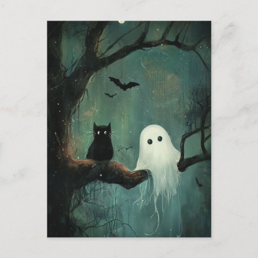 Halloween kat en geest briefkaart (Voorkant)