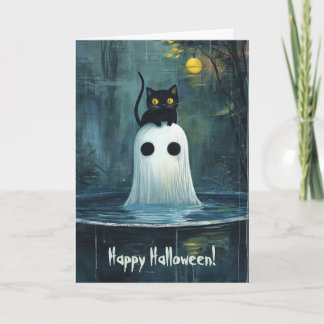 Halloween kat en geest in een zwembad bedankkaart