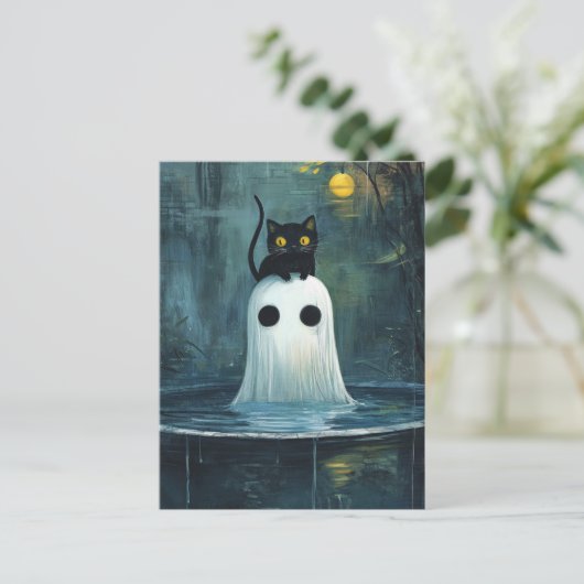 Halloween kat en geest in het zwembad briefkaart (Staand voorkant)