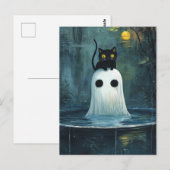 Halloween kat en geest in het zwembad briefkaart (Voorkant / Achterkant)