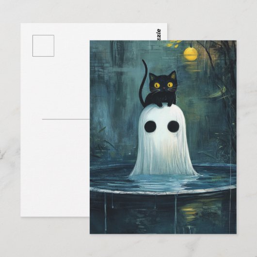 Halloween kat en geest in het zwembad briefkaart (Voorkant / Achterkant)