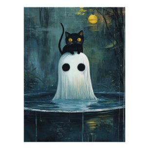 Halloween kat en geest in het zwembad perfect poster