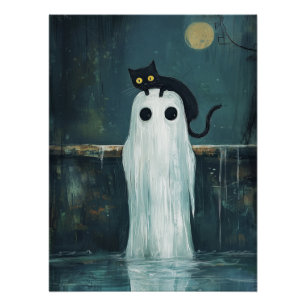 Halloween kat en geest in het zwembad perfect poster
