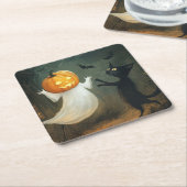 Halloween kat en geest kartonnen onderzetters (Schuin)