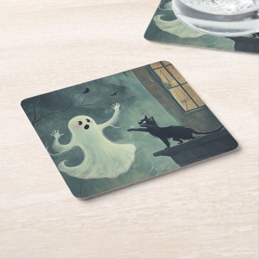 Halloween kat en geest kartonnen onderzetters (Schuin)