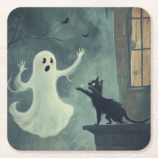 Halloween kat en geest kartonnen onderzetters (Voorkant)