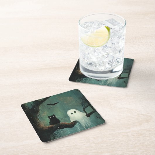 Halloween kat en geest kartonnen onderzetters (Insitu)