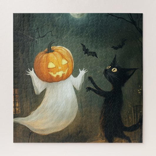 Halloween kat en geest legpuzzel (Verticaal)