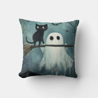 Halloween kat en geest vliegen op bezem kussen