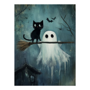 Halloween kat en geest vliegen op bezem perfect poster