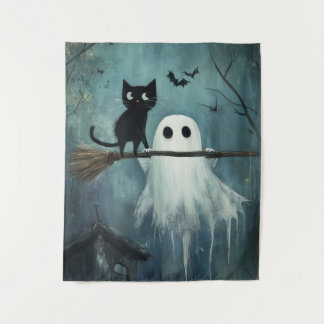 Halloween kat en geest vliegen op bezem wandkleed