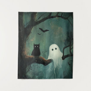 Halloween kat en geest wandkleed