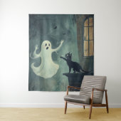 Halloween kat en geest wandkleed (In situ)