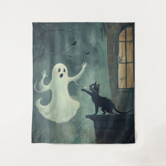 Halloween kat en geest wandkleed