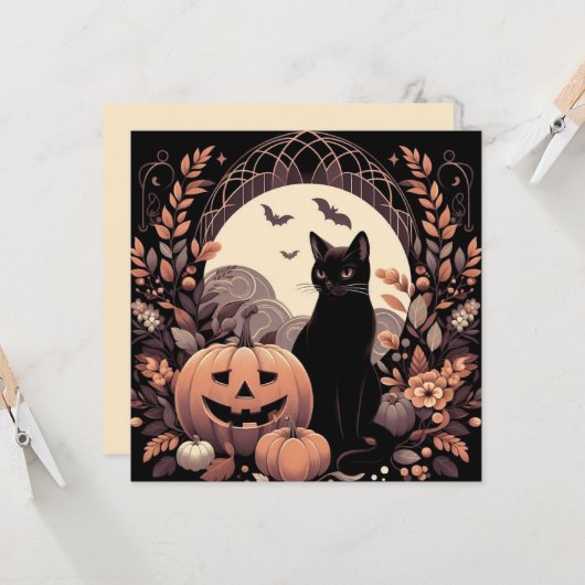 Halloween Kat en Jack-o'lantern Griezelen Kaart (Voorkant / Achterkant in situ)
