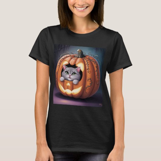 Halloween kat en pompoen t-shirt (Voorkant)