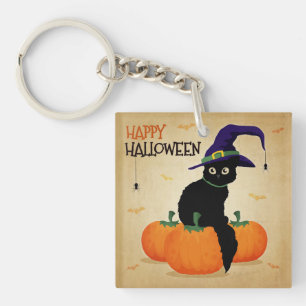  Halloween kat en pompoenen   Button Sleutelhanger