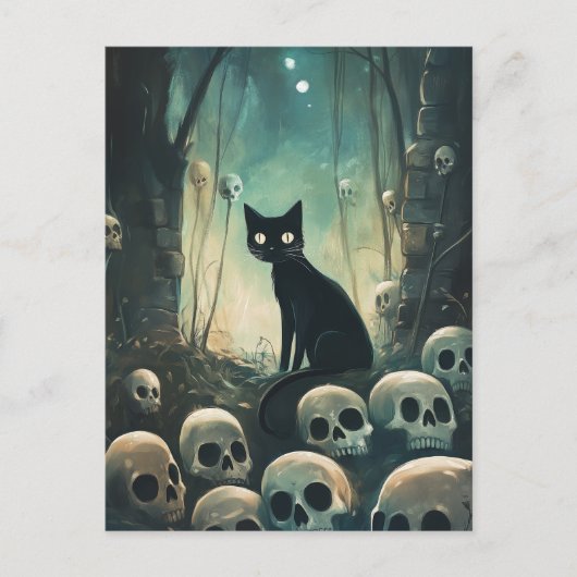 Halloween kat en schedels briefkaart (Voorkant)