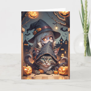 Halloween kat en trick-or-treat kind feestdagen kaart