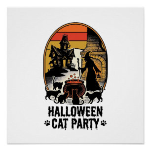 Halloween Kat Feestje Vintage Heksen Katten Ontwer Perfect Poster