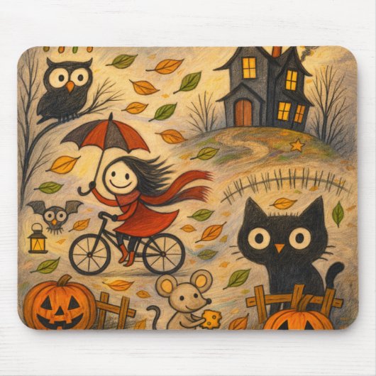 Halloween Kat & Fietseend Meisje Muismat (Voorkant)