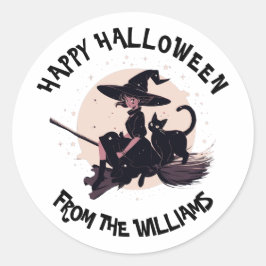Halloween Kat Heks Vliegen op Broomstick Maan Scha Ronde Sticker