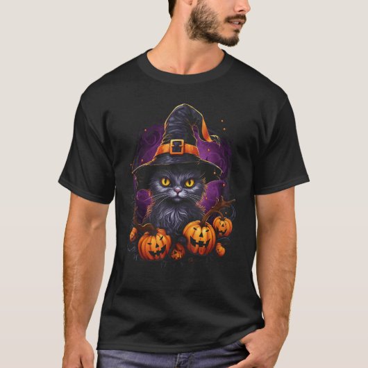 Halloween Kat Heksenhoed Pompoen Jack o Lantern Co T-shirt (Voorkant)