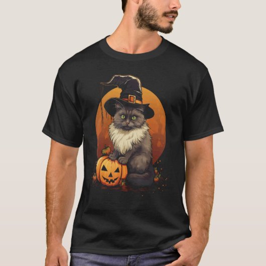 Halloween Kat Heksenhoed Pompoen T-shirt (Voorkant)