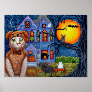 Halloween kat honden kostuum Griezelig Victoriaans Poster