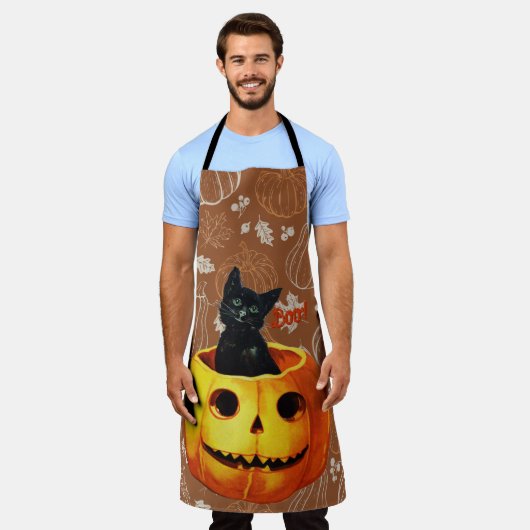 Halloween kat in de pompoen schort (Gedragen)