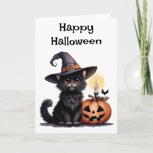 Halloween kat in een heks Pet Kaart (Voorkant)