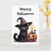 Halloween kat in een heks Pet Kaart (Gele Bloem)